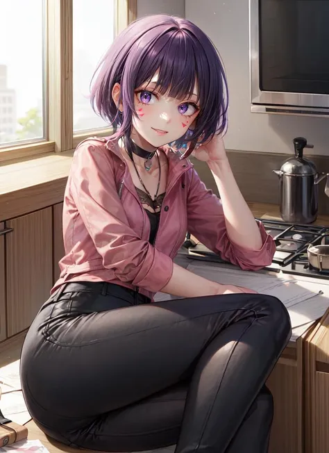 ((best quality)), ((highly detailed)), masterpiece, absurdres, (detailed eyes, deep eyes), (1girl), lying, on side, <lora:hairdetailer:.9>, <lora:jirou_kyouka:.7>, jirou_kyouka, short hair, purple hair, blunt bangs, sidelocks, purple eyes, long earlobes, small breasts, smiling, (pink shirt), torn shirt, (leather jacket), facial mark, (black pants), boots, black choker, (indoors, at a kitchen)
