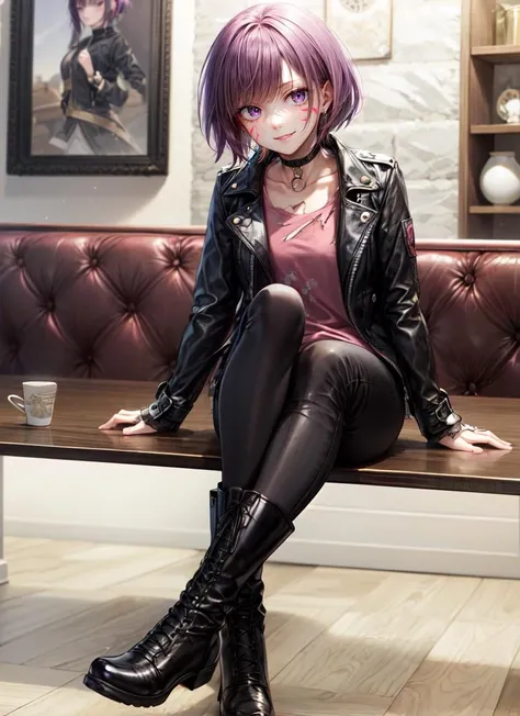 ((best quality)), ((highly detailed)), masterpiece, absurdres, detailed face, beautiful face, (detailed eyes, deep eyes), <lora:more_details:.4>, (1girl), dynamic pose, full body, <lora:hairdetailer:.8>, <lora:jirou_kyouka:.7>, jirou_kyouka, short hair, purple hair, blunt bangs, sidelocks, purple eyes, long earlobes, small breasts, smiling, (pink shirt), torn shirt, (leather jacket), facial mark, (black pants), boots, black choker, (indoors, in a dining room)