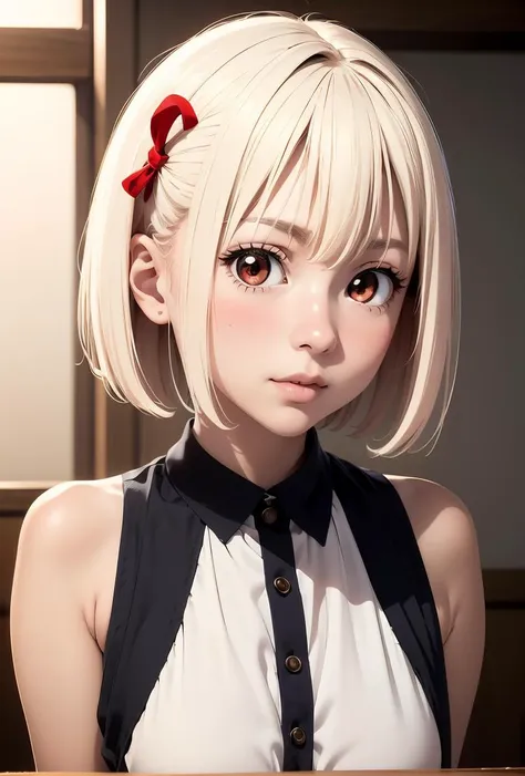 top-quality, masterpiece, platinum-blonde,Bob Hair,Short, Red ribbons,red eyes, Masterpieces of the upper body,(ultra-detailliert),1girl in,A big smile,Senzoku Nishikiki,Licorice recoil
