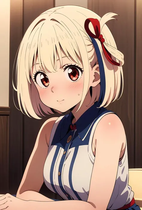 (masterpiece, best quality), 1girl, <lora:1729183327863203391:0.8> (Chisato), short hair, bangs, blonde hair, red eyes, ribbon, hair ribbon