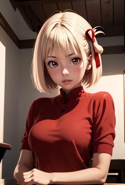top-quality, masterpiece, platinum-blonde,Short,red eyes, Masterpieces of the upper body,(ultra-detailliert),1girl in,ssmile,Red ribbons,sexy dress,tits out