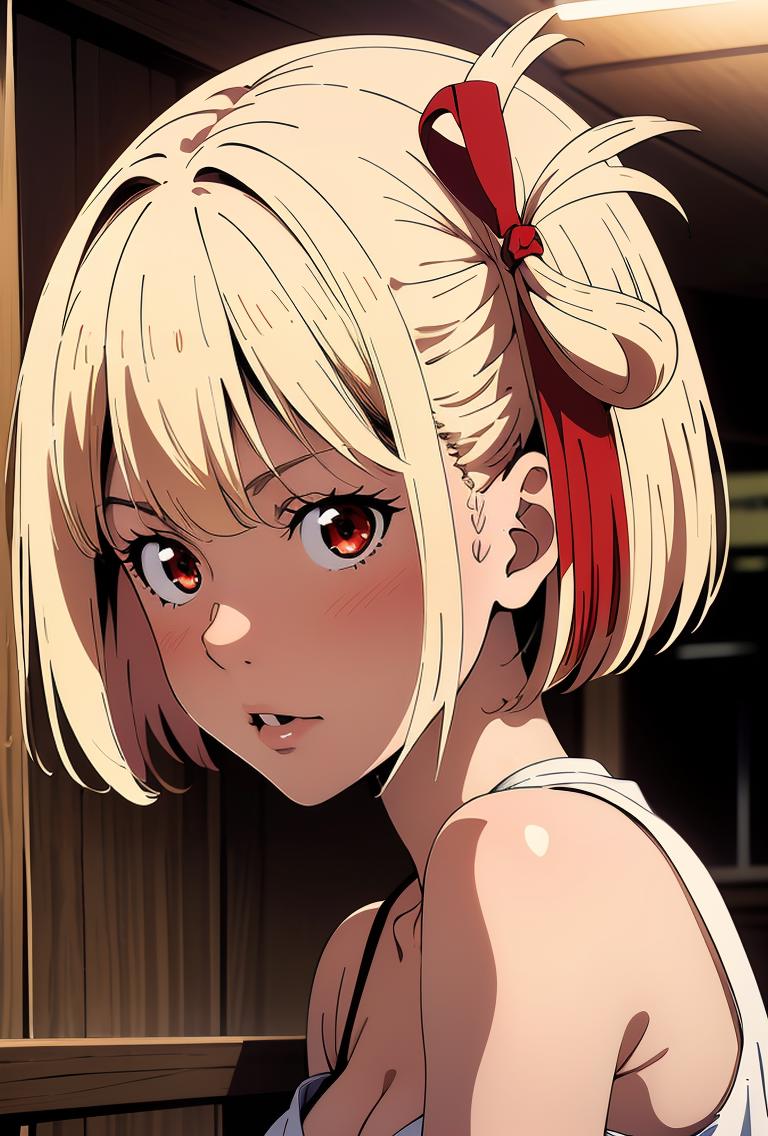 A close up of a woman with blonde hair and a red bow - SeaArt AI