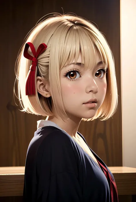 (masterpiece, best quality), 1girl, <lora:1729183327863203391:0.8> (Chisato), short hair, bangs, blonde hair, red eyes, ribbon, hair ribbon