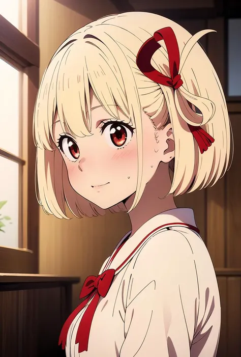 (masterpiece, best quality), 1girl, <lora:1729183327863203391:0.8> (Chisato), short hair, bangs, blonde hair, red eyes, ribbon, hair ribbon