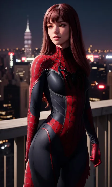 mjw2023, 1girl, standing on roof of new york, 8k, best quality, trending on arstation, cinematic lighting, masterpiece, wearing black spiderman costume, looking at viewer, skin pores, detailed skin, raw image, photorealistic, 5 fingers, bangs. long hair