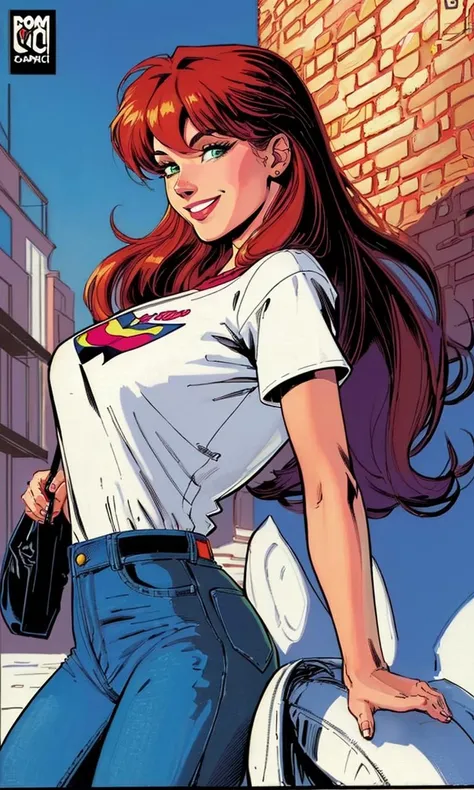 mjw2023, 1girl, 8k, best quality, trending on arstation, masterpiece, black top, jeans, looking at viewer, 5 fingers, bangs. long auburn hair, green eyes, cute smile, white background, comic book cover, 1990s \(style\),  comic style