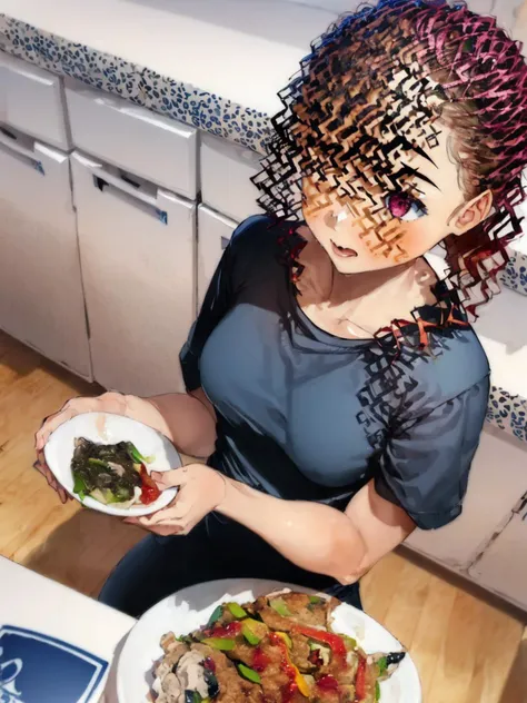 (((((1girl))))), red hair,small breasts, pink eyes, blue apron,black shirt, holding plate, hailijianbing, female focus, upper body,kitchen, 2d, <lora:hailijianbing:1>, masterpiece, best quality,