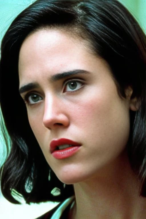 Close-up facial portrait publicity photo by Brian Aris of (young) jenniferconnelly ((looking)) at viewer with (serious) expression; high detail on face, eyes and lips; professional photograph, Zeiss 50mm F8, award-winning photo, (muted) photographic stock