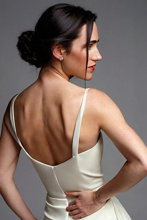 Half-body medium-length publicity photo of jenniferconnelly ((looking)) at viewer, wearing a (concealing) and modest evening (((dress))); high detail on face, eyes and lips; professional photograph, Zeiss 50mm F8, award-winning photo, (muted) photographic stock, 1970s