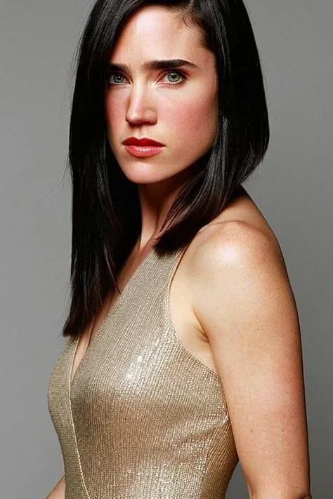 Upper-body publicity photo of (young) jenniferconnelly ((looking)) at viewer with (serious) and angry expression, wearing a (concealing) and modest evening (((dress))); high detail on face, eyes and lips; professional photograph, Zeiss 50mm F8, award-winning photo, (muted) photographic stock, 1970s