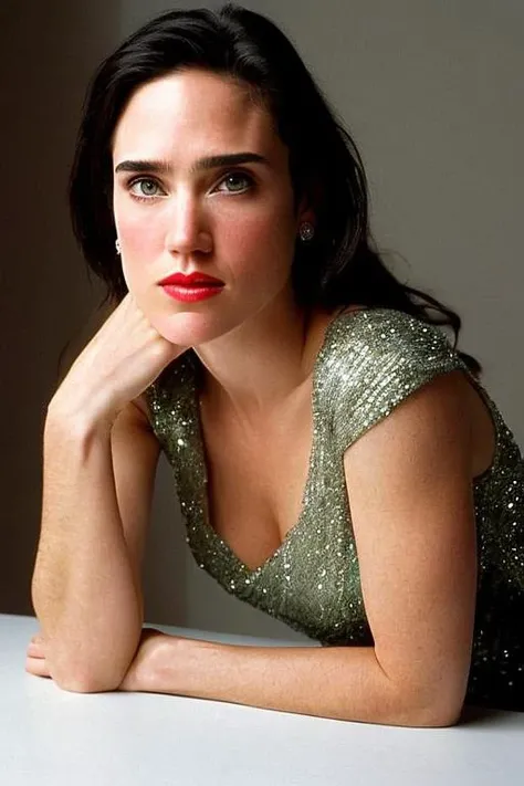 Upper-body publicity photo of (young) jenniferconnelly ((looking)) at viewer with (serious) and angry expression, wearing a (concealing) and modest evening (((dress))); high detail on face, eyes and lips; professional photograph, Zeiss 50mm F8, award-winning photo, (muted) photographic stock, 1970s