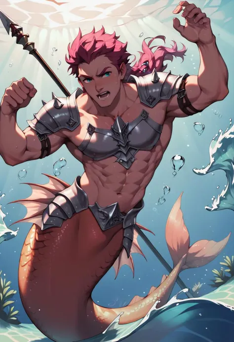 Score_9, score_8_up, handsome merman, male focus, rough ocean waves, armoured, swimming pose, merman tail, holding a spear, charging into battle, underwater, dappled sunlight