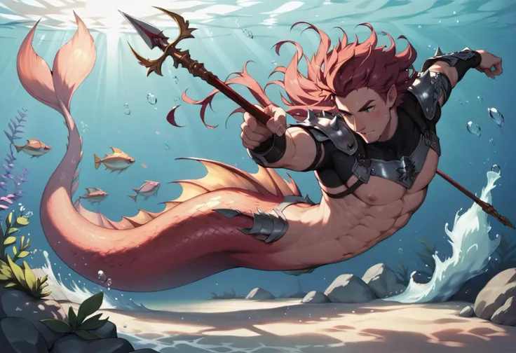 Score_9, score_8_up, handsome merman, male focus, rough ocean waves, armoured, swimming pose, long serpentine merman tail, holding a spear, charging into battle, underwater, dappled sunlight, from the side