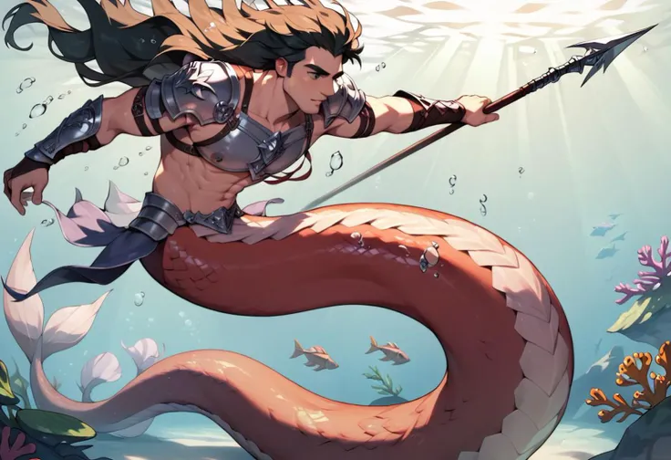 Score_9, score_8_up, handsome merman, male focus, armoured, swimming pose, long serpentine merman tail, holding a spear, charging into battle, underwater, dappled sunlight, from the side