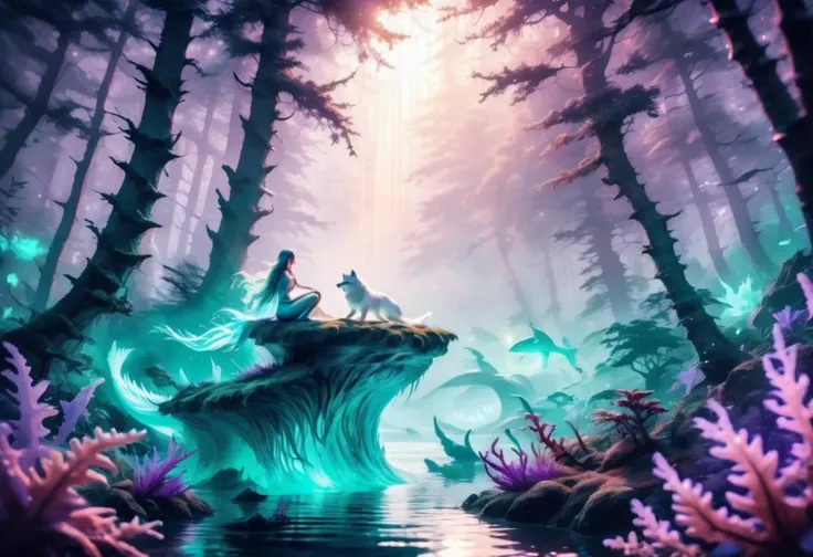 A beautiful glowing fantasy forest landscape with a mermaid in a sea. The atmosphere is mystic and mysterious. The mystical forest is with fog and a big white fenrir or fenriswolf shows to viewer.