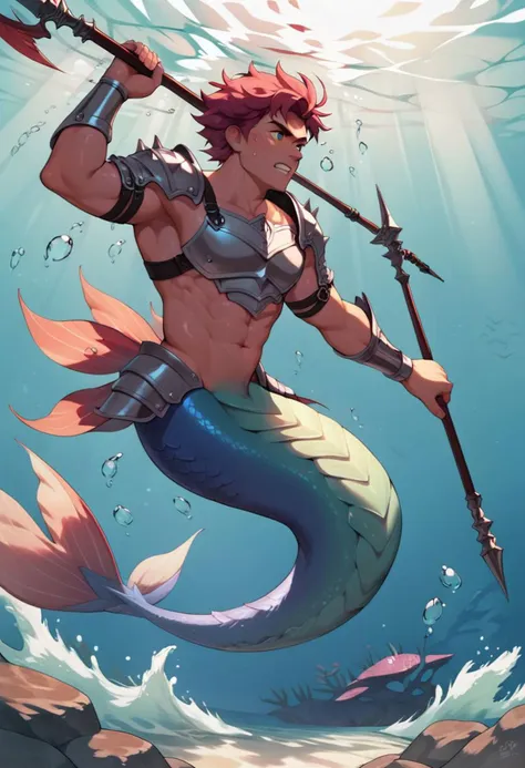 Score_9, score_8_up, handsome merman, male focus, rough ocean waves, armoured, swimming pose, merman tail, holding a spear, charging into battle, underwater, dappled sunlight, from the side