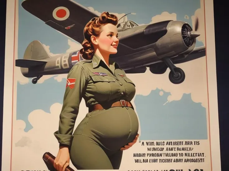 a pregnant female ww2 fighter pilot propaganda poster <lora:pxl2:0.8>