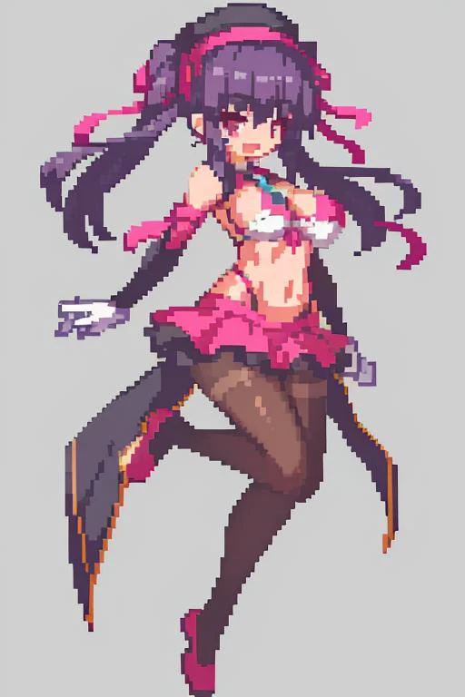 1girl, iron_cross, breasts, one_eye_closed, gloves, brown_hair, solo, pantyhose, skirt, open_mouth, hat, cross, white_gloves, navel, long_hair, black_pantyhose, medium_breasts, sideboob, ;d, smile, looking_at_viewer, ribbon, midriff, purple_eyes, v, hairband, hair_ribbon, star_(symbol), beret, bare_shoulders, blush, bangs, panties, pink_hairband, underwear, cowboy_shot, pink_ribbon, hair_between_eyes, pleated_skirt, miniskirt, buttons, black_headwear, clothing_cutout, rigging, two_side_up
<lora:xiangsu_20230817162955:1>