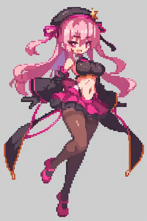 1girl, iron_cross, breasts, one_eye_closed, gloves, brown_hair, solo, pantyhose, skirt, open_mouth, hat, cross, white_gloves, navel, long_hair, black_pantyhose, medium_breasts, sideboob, ;d, smile, looking_at_viewer, ribbon, midriff, purple_eyes, v, hairband, hair_ribbon, star_(symbol), beret, bare_shoulders, blush, bangs, panties, pink_hairband, underwear, cowboy_shot, pink_ribbon, hair_between_eyes, pleated_skirt, miniskirt, buttons, black_headwear, clothing_cutout, rigging, two_side_up
<lora:xiangsu_20230817162955:1>
