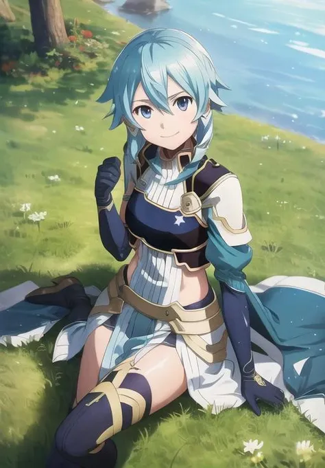 <lora:Solus_SAO_A:0.8>, Solus_SAO_A, sinon, smile, sitting, grass, (acclaimed, alluring, captivating, exciting, gorgeous, striking:1.3), (highly detailed, high quality:1.3)