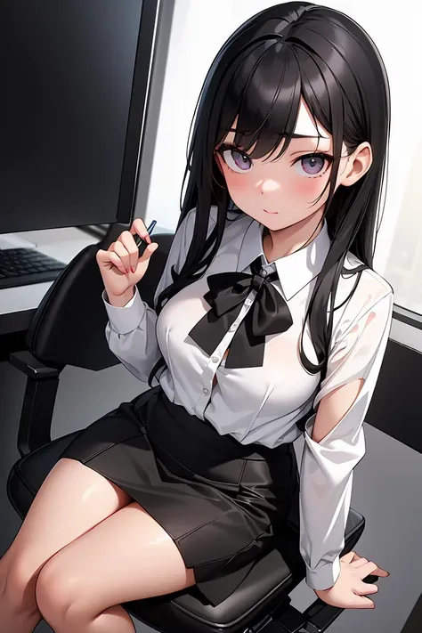 (masterpiece, best quality), a young black haired girl office secretary dressed in a transparent white blouse and black office skirt and black pantyhose ,sitting in an office chair, holding pencil, (detailed skin:1.3),(detailed eyes), (sharp focus),