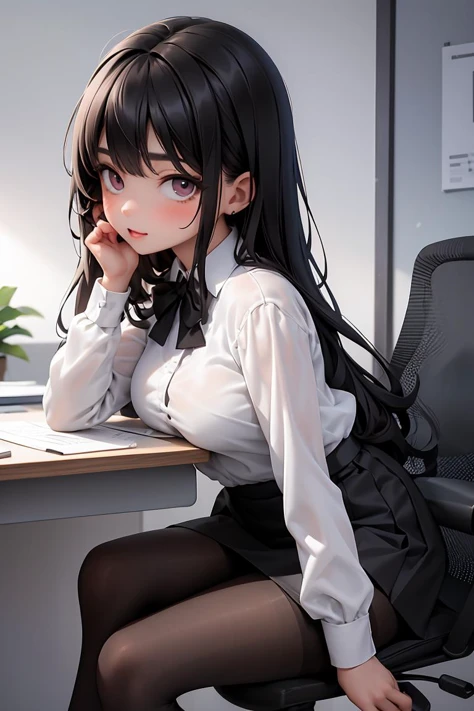 (masterpiece, best quality), a young black haired girl office secretary dressed in a transparent white blouse and black office skirt and black pantyhose ,sitting in an office chair, holding pencil, (detailed skin:1.3),(detailed eyes), (sharp focus),
