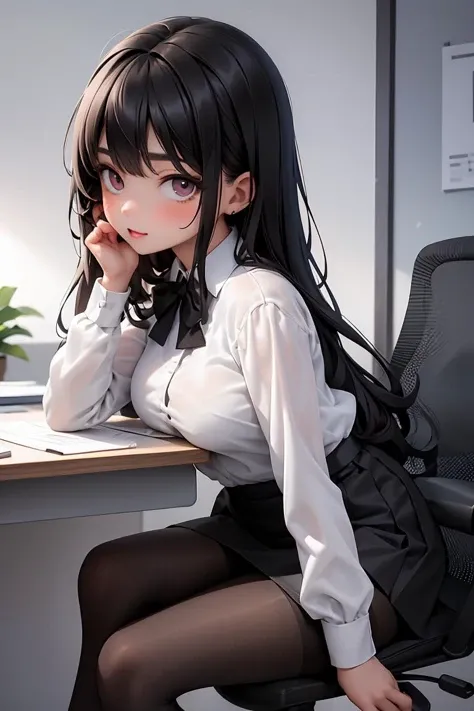 (masterpiece, best quality), a young black haired girl office secretary dressed in a transparent white blouse and black office skirt and black pantyhose ,sitting in an office chair, holding pencil, (detailed skin:1.3),(detailed eyes), (sharp focus),