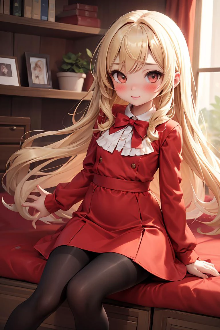 (masterpiece, best quality), 1girl, blonde hair, red dress, pantyhose, cute face, blush,