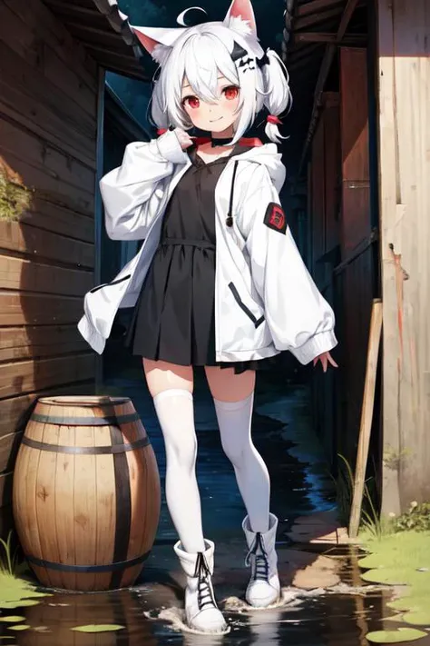 1girl, flat chest, short hair, white hair, ahoge, messy hair, payot, twintails, short twintails, animal ears, animal ear fluff, bat ears, bangs, hair between eyes, bat hair ornament, seductive smile, empty eyes, red eyes, glowing eyes, black dress, short dress, pleated skirt, hooded jacket, white jacket, open jacket, open clothes, white hood, hood down, long sleeves, wide sleeves, sleeves past wrists, sleeves past fingers, white thighhighs, zettai ryouiki, boots, white footwear, bush, day, dilapidated houses, muddy path, poverty, swamp, wooden barrel, broken windows, mosquitoes, murky water, shanty town/slum, masterpiece, best quality, official art, extremely detailed CG unity 8k wallpaper, artbook, yuzu-soft, kobuichi, muririn,
