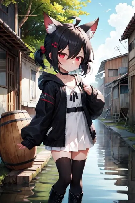 1girl, flat chest, short hair, black hair, ahoge, messy hair, payot, twintails, short twintails, animal ears, animal ear fluff, bat ears, bangs, hair between eyes, bat hair ornament, expressionless, empty eyes, red eyes, glowing eyes, white dress, short dress, pleated skirt, hooded jacket, black jacket, open jacket, open clothes, black hood, hood down, long sleeves, wide sleeves, sleeves past wrists, sleeves past fingers, black thighhighs, zettai ryouiki, boots, black footwear, bush, day, dilapidated houses, muddy path, poverty, swamp, wooden barrel, broken windows, mosquitoes, murky water, shanty town/slum, masterpiece, best quality, official art, extremely detailed CG unity 8k wallpaper, artbook, yuzu-soft, kobuichi, muririn,