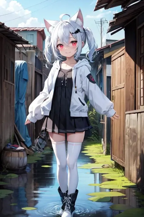 Loli, pale skin, sad face, cry, kneeing pose, very long multicolored hair, knife in hend, mantle, bare feet, dark forest, red flowers, focus on body, rainy weather, blood everywhere