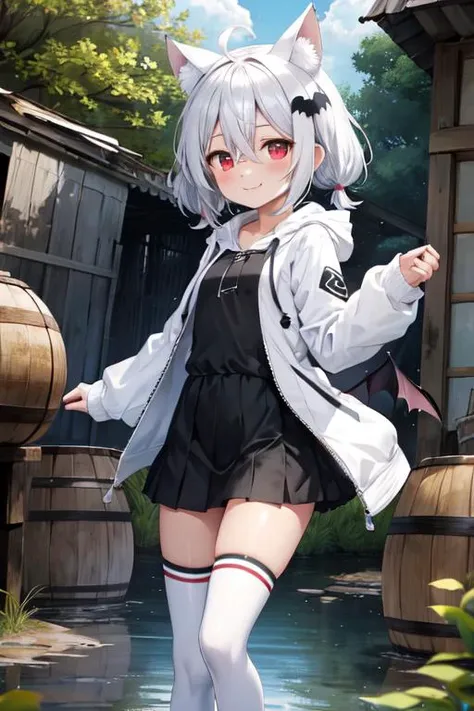 1girl, flat chest, short hair, white hair, ahoge, messy hair, payot, twintails, short twintails, animal ears, animal ear fluff, bat ears, bangs, hair between eyes, bat hair ornament, seductive smile, empty eyes, red eyes, glowing eyes, black dress, short dress, pleated skirt, hooded jacket, white jacket, open jacket, open clothes, white hood, hood down, long sleeves, wide sleeves, sleeves past wrists, sleeves past fingers, white thighhighs, zettai ryouiki, boots, white footwear, bush, day, dilapidated houses, muddy path, poverty, swamp, wooden barrel, broken windows, mosquitoes, murky water, shanty town/slum, masterpiece, best quality, official art, extremely detailed CG unity 8k wallpaper, artbook, yuzu-soft, kobuichi, muririn,