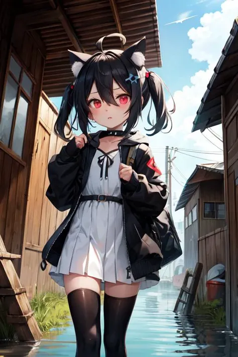 1girl, flat chest, short hair, black hair, ahoge, messy hair, payot, twintails, short twintails, animal ears, animal ear fluff, bat ears, bangs, hair between eyes, bat hair ornament, expressionless, empty eyes, red eyes, glowing eyes, white dress, short dress, pleated skirt, hooded jacket, black jacket, open jacket, open clothes, black hood, hood down, long sleeves, wide sleeves, sleeves past wrists, sleeves past fingers, black thighhighs, zettai ryouiki, boots, black footwear, bush, day, dilapidated houses, muddy path, poverty, swamp, wooden barrel, broken windows, mosquitoes, murky water, shanty town/slum, masterpiece, best quality, official art, extremely detailed CG unity 8k wallpaper, artbook, yuzu-soft, kobuichi, muririn,