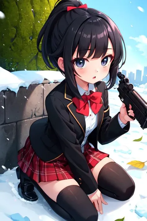 1girl, medium breasts, short hair, black hair, bob cut, blunt bangs, parted bangs, ponytail, single sidelock, heart shaped face, black eyes, jacket, school uniform, black jacket, long sleeves, shirt, white shirt, bowtie, blazer, red bow, collared shirt, red bowtie, skirt, plaid skirt, plaid, red skirt, pleated skirt, zettai ryouiki, black thighhighs, loafers, black footwear, weapon, gun, aiming, holding, holding gun, holding weapon, rocket launcher, frost, city, day, falling leaves, moss, nature, outdoors, plant, rock, shade, snow, stone wall, tree, turret, frosty sky, icy roof, cinematic_angle, looking_at_viewer, masterpiece, best quality, official art, extremely detailed CG unity 8k wallpaper, artbook, yuzu-soft, kobuichi, muririn,