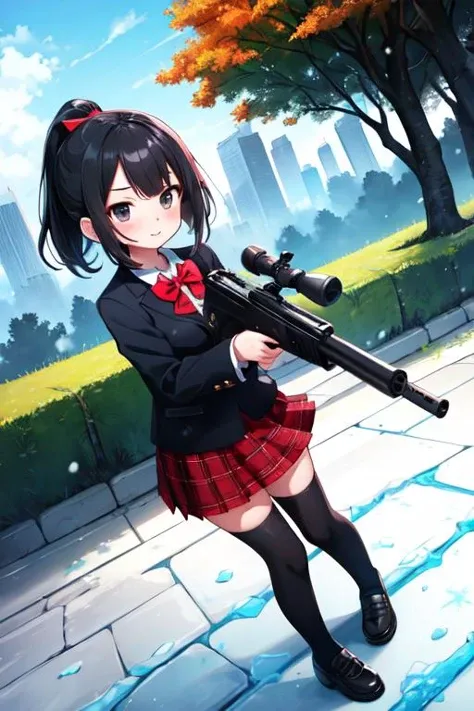 1girl, medium breasts, short hair, black hair, bob cut, blunt bangs, parted bangs, ponytail, single sidelock, heart shaped face, black eyes, jacket, school uniform, black jacket, long sleeves, shirt, white shirt, bowtie, blazer, red bow, collared shirt, red bowtie, skirt, plaid skirt, plaid, red skirt, pleated skirt, zettai ryouiki, black thighhighs, loafers, black footwear, weapon, gun, aiming, holding, holding gun, holding weapon, rocket launcher, frost, city, day, falling leaves, moss, nature, outdoors, plant, rock, shade, snow, stone wall, tree, turret, frosty sky, icy roof, cinematic_angle, looking_at_viewer, masterpiece, best quality, official art, extremely detailed CG unity 8k wallpaper, artbook, yuzu-soft, kobuichi, muririn,