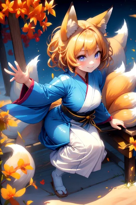 ((Masterpiece)), ((best quality)), (prefect composition), (prefect anatomy), high-res, illustration, complex detailed, absurdres, extremely beautiful, incredibly detailed hairline, uncreditable quality, 1girl, Chanta:2.3, kyuubi no kitsune, flying in midair, solemn, looking at viewer, matured, toned, fox ears, white cap, multiple tails, fox tail, yellow short hair, smile, long kimono, blue tabard, dress, very long sleeves, white boots, (detailed face description), (detailed eyes description), seductive pose, outdoors, shrine wonderland, octane rendering, huge file size, colorful contrast.
<lora:kyuubi_no_kitsune-1.0:0.8> <lora:Chanta_LoRA-02:0.35> <lora:rainbow:0.35> <lora:more_details:0.35>