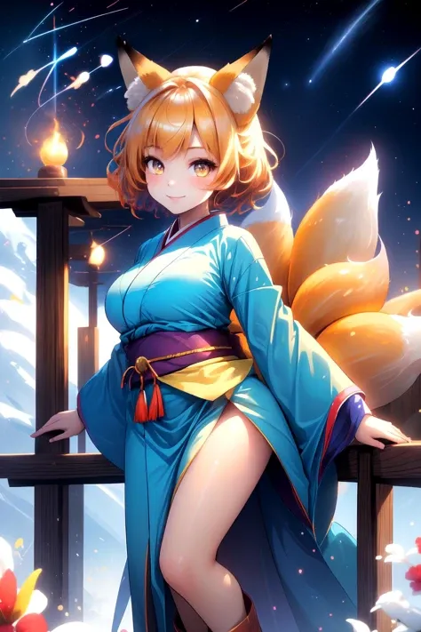 ((Masterpiece)), ((best quality)), (prefect composition), (prefect anatomy), high-res, illustration, complex detailed, absurdres, extremely beautiful, incredibly detailed hairline, uncreditable quality, 1girl, Chanta:2.3, kyuubi no kitsune, space travelling, solemn, looking at viewer, matured, toned, fox ears, white cap, multiple tails, fox tail, yellow short hair, smile, long kimono, blue tabard, dress, very long sleeves, white boots, (detailed face description), (detailed eyes description), seductive pose, outdoors, two thousand years of time nearly here and has gone, star moving, sweetest music filled the air, la la la la la la la la la, shrine wonderland, octane rendering, huge file size, colorful contrast.
<lora:kyuubi_no_kitsune-1.0:0.8> <lora:Chanta_LoRA-02:0.35> <lora:rainbow:0.35> <lora:more_details:0.35>
