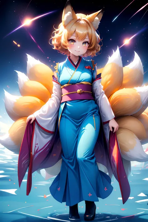 ((Masterpiece)), ((best quality)), (prefect composition), (prefect anatomy), high-res, illustration, complex detailed, absurdres, extremely beautiful, incredibly detailed hairline, uncreditable quality, 1girl, Chanta:2.3, kyuubi no kitsune, space travelling, solemn, looking at viewer, matured, toned, fox ears, white cap, multiple tails, fox tail, yellow short hair, smile, long kimono, blue tabard, dress, very long sleeves, white boots, (detailed face description), (detailed eyes description), seductive pose, outdoors, two thousand years of time nearly here and has gone, star moving, sweetest music filled the air, la la la la la la la la la, shrine wonderland, octane rendering, huge file size, colorful contrast.
<lora:kyuubi_no_kitsune-1.0:0.8> <lora:Chanta_LoRA-02:0.35> <lora:rainbow:0.35> <lora:more_details:0.35>