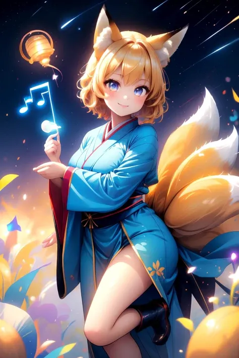 ((Masterpiece)), ((best quality)), (prefect composition), (prefect anatomy), high-res, illustration, complex detailed, absurdres, extremely beautiful, incredibly detailed hairline, uncreditable quality, 1girl, Chanta:2.3, kyuubi no kitsune, space travelling, solemn, looking at viewer, matured, toned, fox ears, white cap, multiple tails, fox tail, yellow short hair, smile, long kimono, blue tabard, dress, very long sleeves, white boots, (detailed face description), (detailed eyes description), seductive pose, outdoors, two thousand years of time nearly here and has gone, star moving, sweetest music filled the air, la la la la la la la la la, shrine wonderland, octane rendering, huge file size, colorful contrast.
<lora:kyuubi_no_kitsune-1.0:0.8> <lora:Chanta_LoRA-02:0.35> <lora:rainbow:0.35> <lora:more_details:0.35>