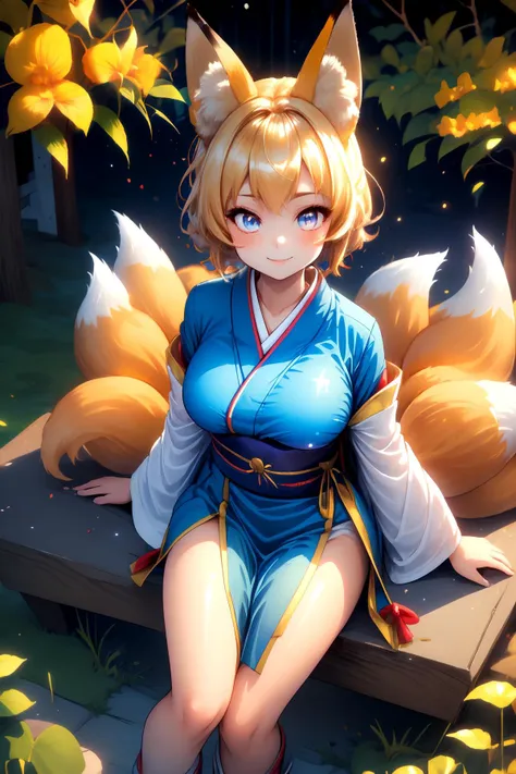 ((Masterpiece)), ((best quality)), (prefect composition), (prefect anatomy), high-res, illustration, complex detailed, absurdres, extremely beautiful, incredibly detailed hairline, uncreditable quality, 1girl, Chanta:2.3, kyuubi no kitsune, sit on huge stone, full body, solemn, looking at viewer, matured, toned, fox ears, white cap, multiple tails, fox tail, yellow short hair, smile, long kimono, blue tabard, dress, very long sleeves, white boots, (detailed face description), (detailed eyes description), seductive pose, outdoors, shrine wonderland, octane rendering, huge file size, colorful contrast.
<lora:kyuubi_no_kitsune-1.0:0.8> <lora:Chanta_LoRA-02:0.35> <lora:rainbow:0.35> <lora:more_details:0.35>