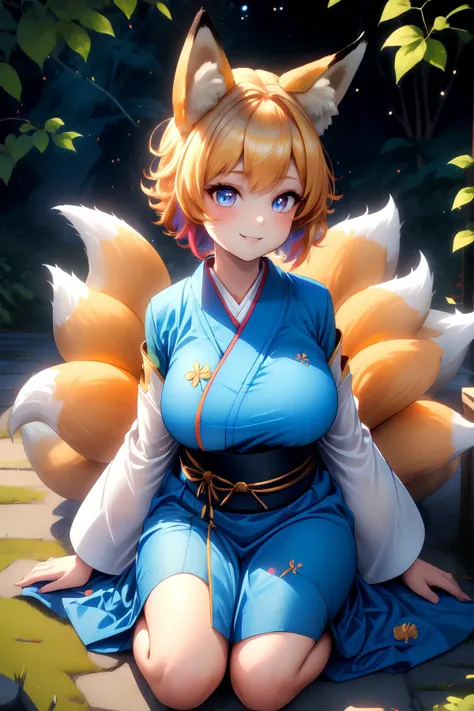 ((Masterpiece)), ((best quality)), (prefect composition), (prefect anatomy), high-res, illustration, complex detailed, absurdres, extremely beautiful, incredibly detailed hairline, uncreditable quality, 1girl, Chanta:2.3, kyuubi no kitsune, sit on huge stone, full body, solemn, looking at viewer, matured, toned, fox ears, white cap, multiple tails, fox tail, yellow short hair, smile, long kimono, blue tabard, dress, very long sleeves, white boots, (detailed face description), (detailed eyes description), seductive pose, outdoors, shrine wonderland, octane rendering, huge file size, colorful contrast.
<lora:kyuubi_no_kitsune-1.0:0.8> <lora:Chanta_LoRA-02:0.35> <lora:rainbow:0.35> <lora:more_details:0.35>
