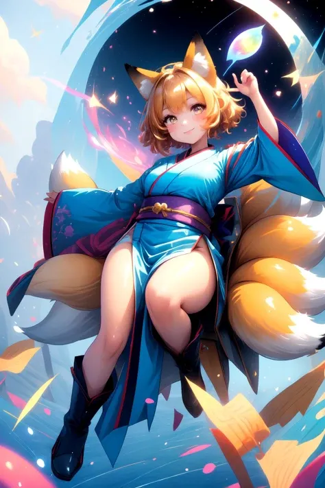 ((Masterpiece)), ((best quality)), (prefect composition), (prefect anatomy), high-res, illustration, complex detailed, absurdres, extremely beautiful, incredibly detailed hairline, uncreditable quality, 1girl, Chanta:2.3, kyuubi no kitsune, space travelling, solemn, looking at viewer, matured, toned, fox ears, white cap, multiple tails, fox tail, yellow short hair, smile, long kimono, blue tabard, dress, very long sleeves, white boots, (detailed face description), (detailed eyes description), seductive pose, outdoors, two thousand years of time nearly here and has gone, star moving, sweetest music filled the air, la la la la la la la la la, shrine wonderland, octane rendering, huge file size, colorful contrast.
<lora:kyuubi_no_kitsune-1.0:0.8> <lora:Chanta_LoRA-02:0.35> <lora:rainbow:0.35> <lora:more_details:0.35>