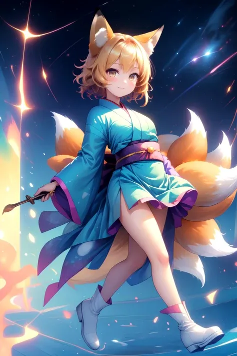 ((Masterpiece)), ((best quality)), (prefect composition), (prefect anatomy), high-res, illustration, complex detailed, absurdres, extremely beautiful, incredibly detailed hairline, uncreditable quality, 1girl, Chanta:2.3, kyuubi no kitsune, space travelling, solemn, looking at viewer, matured, toned, fox ears, white cap, multiple tails, fox tail, yellow short hair, smile, long kimono, blue tabard, dress, very long sleeves, white boots, (detailed face description), (detailed eyes description), seductive pose, outdoors, two thousand years of time nearly here and has gone, star moving, sweetest music filled the air, la la la la la la la la la, shrine wonderland, octane rendering, huge file size, colorful contrast, hand touching air
<lora:kyuubi_no_kitsune-1.0:0.8> <lora:Chanta_LoRA-02:0.35> <lora:rainbow:0.35> <lora:more_details:0.35>