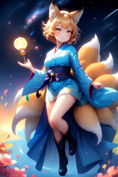 1girl, animal ears, fox ears, breasts, lantern, japanese clothes, tail, fox tail, fox, leaf on head, kimono, leaf, cleavage, paper lantern, large breasts, solo, simple background, orange eyes, white background, orange kimono, sandals