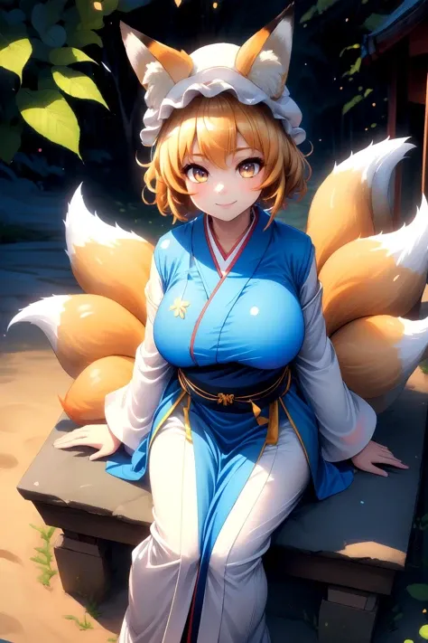 ((Masterpiece)), ((best quality)), (prefect composition), (prefect anatomy), high-res, illustration, complex detailed, absurdres, extremely beautiful, incredibly detailed hairline, uncreditable quality, 1girl, Chanta:2.3, kyuubi no kitsune, sit on huge stone, full body, solemn, looking at viewer, matured, toned, fox ears, white cap, multiple tails, fox tail, yellow short hair, smile, long kimono, blue tabard, dress, very long sleeves, white boots, (detailed face description), (detailed eyes description), seductive pose, outdoors, shrine wonderland, octane rendering, huge file size, colorful contrast.
<lora:kyuubi_no_kitsune-1.0:0.8> <lora:Chanta_LoRA-02:0.35> <lora:rainbow:0.35> <lora:more_details:0.35>