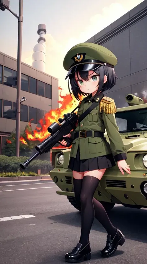 6+girls, multiple girls, black hair, short hair, bangs, military cap, PLA uniform, olive green uniform, shoulder epaulettes, red star badge, collar, long sleeves, buttoned cuffs, military belt, skirt, knee-length skirt, black stockings, black shoes, disciplined expression, serious eyes, determined gaze, gun, weapon, military, ground vehicle, motor vehicle, rifle, assault rifle, military vehicle, tank, m4 carbine, holding weapon, holding gun, aiming, holding, grenade launcher, machine gun, battle rifle, firing, fire, shield, explosion, war, smoke, shell casing, magazine (weapon), battle, aircraft, helicopter, grenade, rocket launcher, building, chimney, crane, day, factory, metal, nature, outdoors, pipe, plant, road, sky, steel, structure, warehouse, yellow sky, industrial landscape, masterpiece, best quality, official art, extremely detailed CG unity 8k wallpaper, artbook, yuzu-soft, kobuichi, muririn,