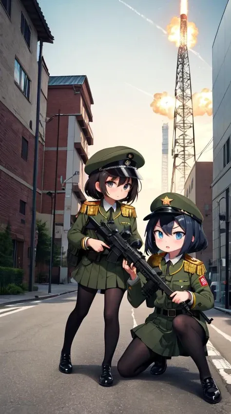 6+girls, multiple girls, black hair, short hair, bangs, military cap, PLA uniform, olive green uniform, shoulder epaulettes, red star badge, collar, long sleeves, buttoned cuffs, military belt, skirt, knee-length skirt, black stockings, black shoes, disciplined expression, serious eyes, determined gaze, gun, weapon, military, ground vehicle, motor vehicle, rifle, assault rifle, military vehicle, tank, m4 carbine, holding weapon, holding gun, aiming, holding, grenade launcher, machine gun, battle rifle, firing, fire, shield, explosion, war, smoke, shell casing, magazine (weapon), battle, aircraft, helicopter, grenade, rocket launcher, building, chimney, crane, day, factory, metal, nature, outdoors, pipe, plant, road, sky, steel, structure, warehouse, yellow sky, industrial landscape, masterpiece, best quality, official art, extremely detailed CG unity 8k wallpaper, artbook, yuzu-soft, kobuichi, muririn,