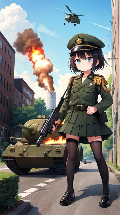 6+girls, multiple girls, black hair, short hair, bangs, military cap, PLA uniform, olive green uniform, shoulder epaulettes, red star badge, collar, long sleeves, buttoned cuffs, military belt, skirt, knee-length skirt, black stockings, black shoes, disciplined expression, serious eyes, determined gaze, gun, weapon, military, ground vehicle, motor vehicle, rifle, assault rifle, military vehicle, tank, m4 carbine, holding weapon, holding gun, aiming, holding, grenade launcher, machine gun, battle rifle, firing, fire, shield, explosion, war, smoke, shell casing, magazine (weapon), battle, aircraft, helicopter, grenade, rocket launcher, building, chimney, crane, day, factory, metal, nature, outdoors, pipe, plant, road, sky, steel, structure, warehouse, yellow sky, industrial landscape, masterpiece, best quality, official art, extremely detailed CG unity 8k wallpaper, artbook, yuzu-soft, kobuichi, muririn,