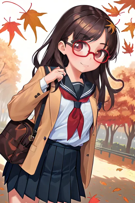1girl,school uniform, autumn leaves, eyewear,