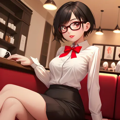 A photo of a young, nerdy woman sitting in a cafe, wearing a white shirt and a bow, surrounded by a cozy atmosphere, looking at the viewer. short hair, slender, red lips, transparent fabric, flirting with the camera